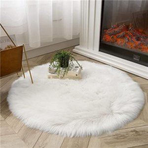 White Round Rugs 4ft Circle Faux Fur Sheepskin Living Room Fluffy Washable Rug